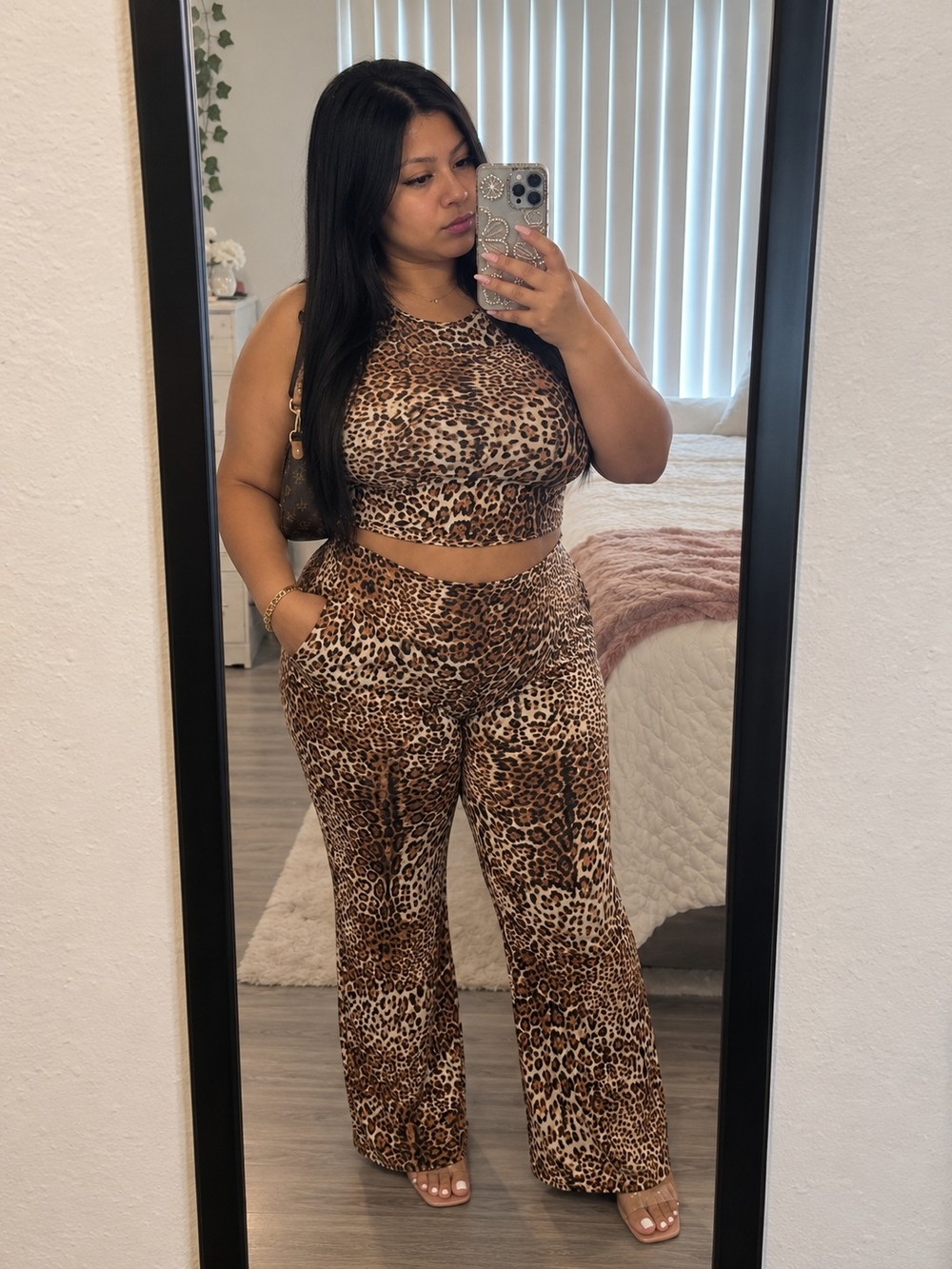 VIBE Sportswear 1X Leopard Print Two-Piece Crop Top & Flare Pants Set